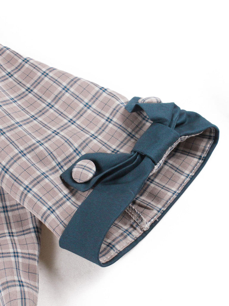 Robe Bleu à Carreaux Nœud Évasé Ceinturé Années 1950 6