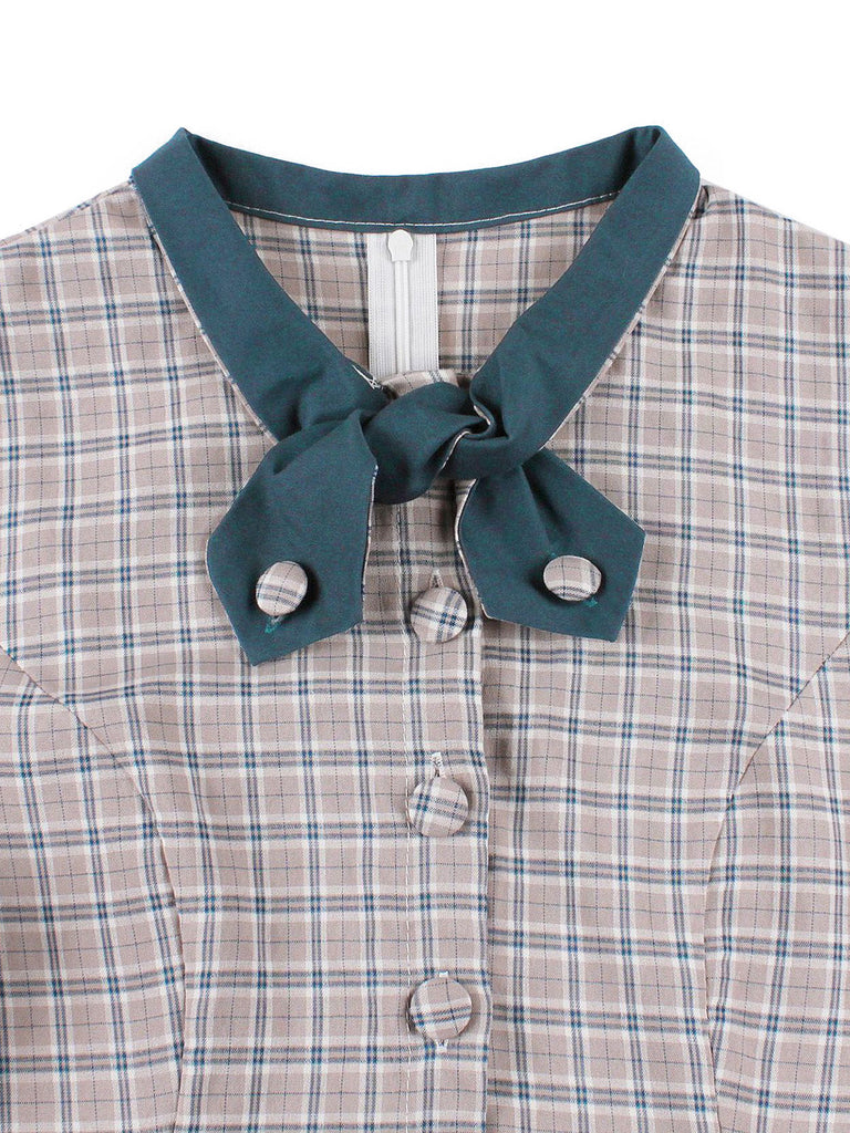 Robe Bleu à Carreaux Nœud Évasé Ceinturé Années 1950 4