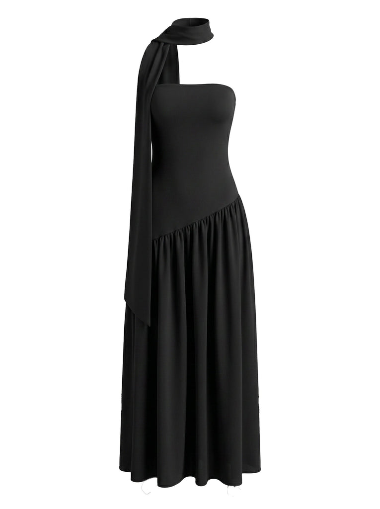 Robe Maxi Asymétrique Bustier Écharpe Noire Années 30