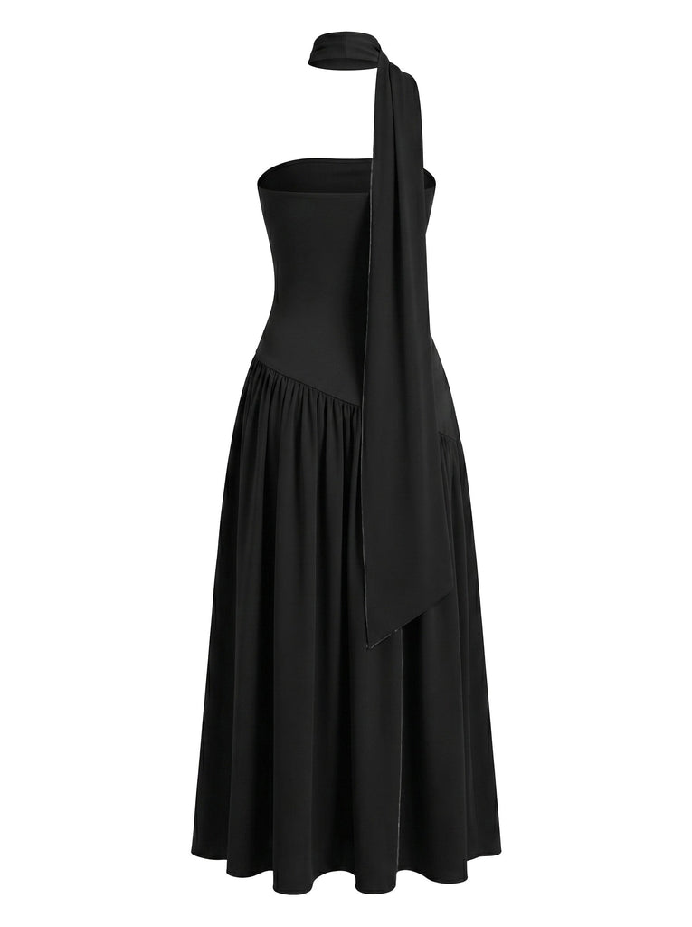 Robe Maxi Asymétrique Bustier Écharpe Noire Années 30