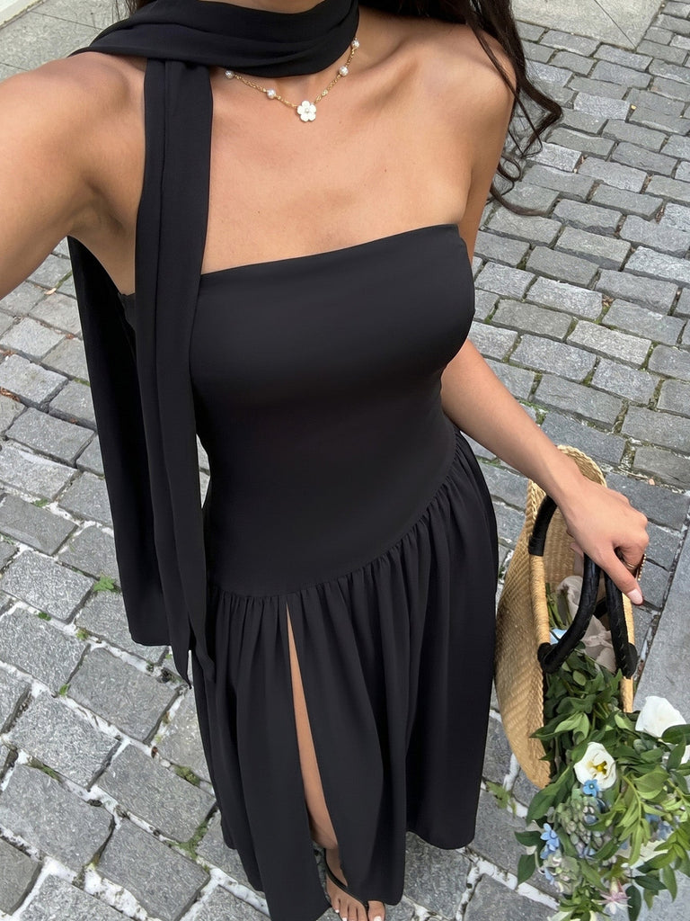 Robe Maxi Asymétrique Bustier Écharpe Noire Années 30