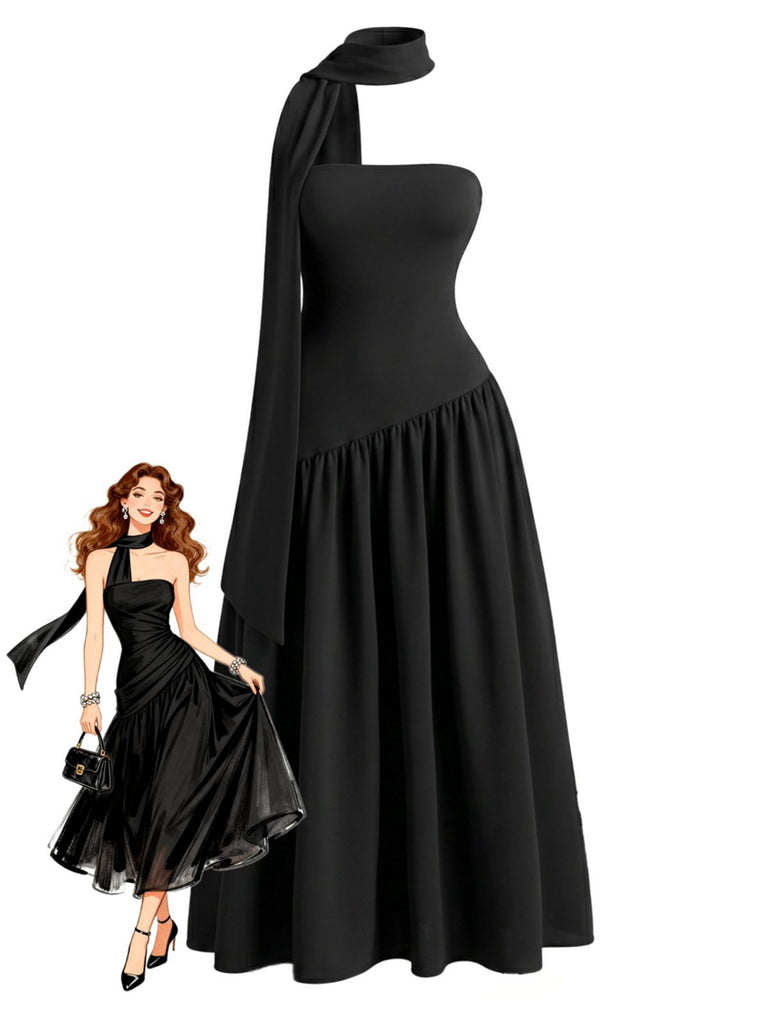 Robe Maxi Asymétrique Bustier Écharpe Noire Années 30