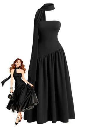 Robe Maxi Asymétrique Bustier Écharpe Noire Années 30