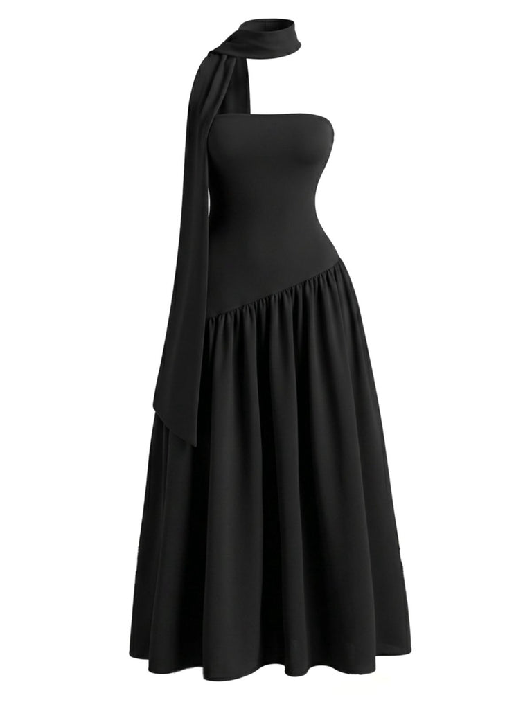 Robe Maxi Asymétrique Bustier Écharpe Noire Années 30