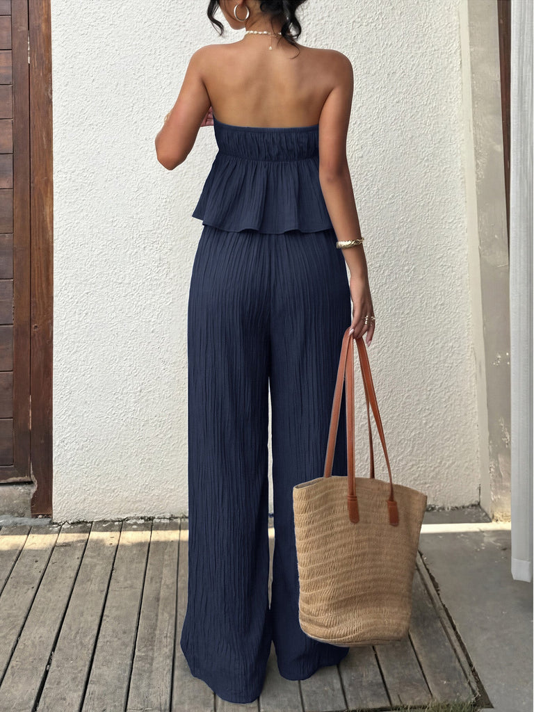 Ensemble 2 Pièces Top Bustier Texturé à Volants & Pantalon Bleu Années 50