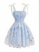 Robe Courte Bretelles Tulle Brodé Fleurs Bleu Ciel Années 1950