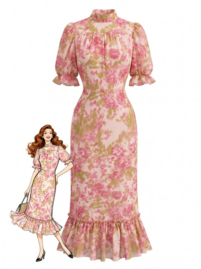 Robe Sirène à Volants en Mousseline Floral Rouge Années 30