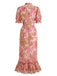 Robe Sirène à Volants en Mousseline Floral Rouge Années 30