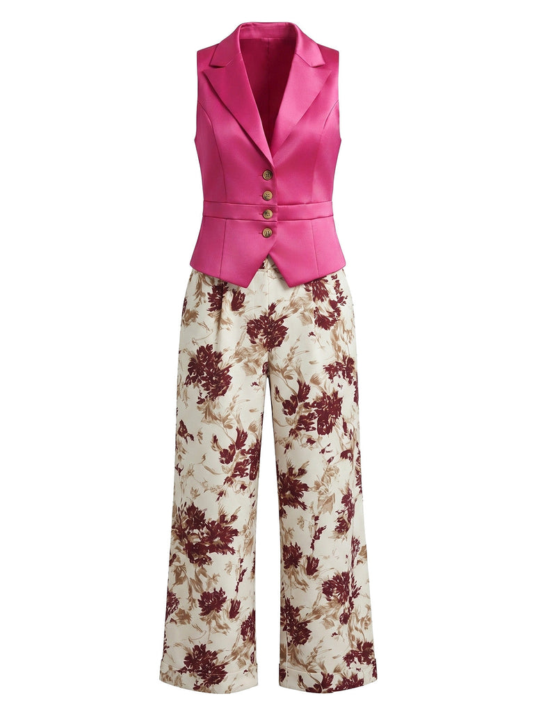 Ensemble 2 Pièces Gilet à Revers Boutonné & Pantalon Floral Rouge Pourpre Années 50