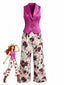 2PCS Gilet à Revers Boutonné & Pantalon Floral Rouge Années 50