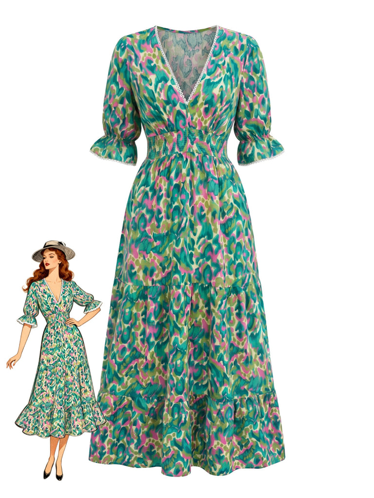 Robe Smocké Floral Col V à Volants Étagés Longue Abstrait Vert Années 1970