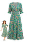 Robe Floral Col V à Volants Vert Années 1970