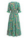Robe Smocké Floral Col V à Volants Étagés Longue Abstrait Vert Années 1970 3