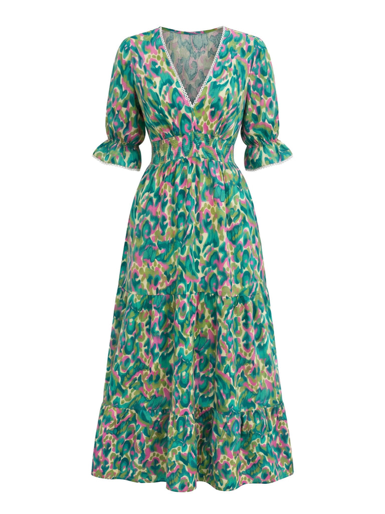 Robe Smocké Floral Col V à Volants Étagés Longue Abstrait Vert Années 1970 2