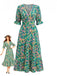 Robe Floral Col V à Volants Vert Années 1970