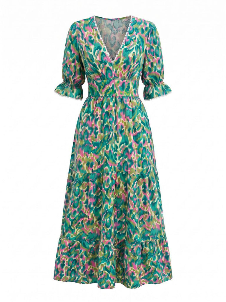 Robe Floral Col V à Volants Vert Années 1970