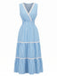 Robe Sans Manches Rayé Col V à Volants Étagés Bleue Années 1970