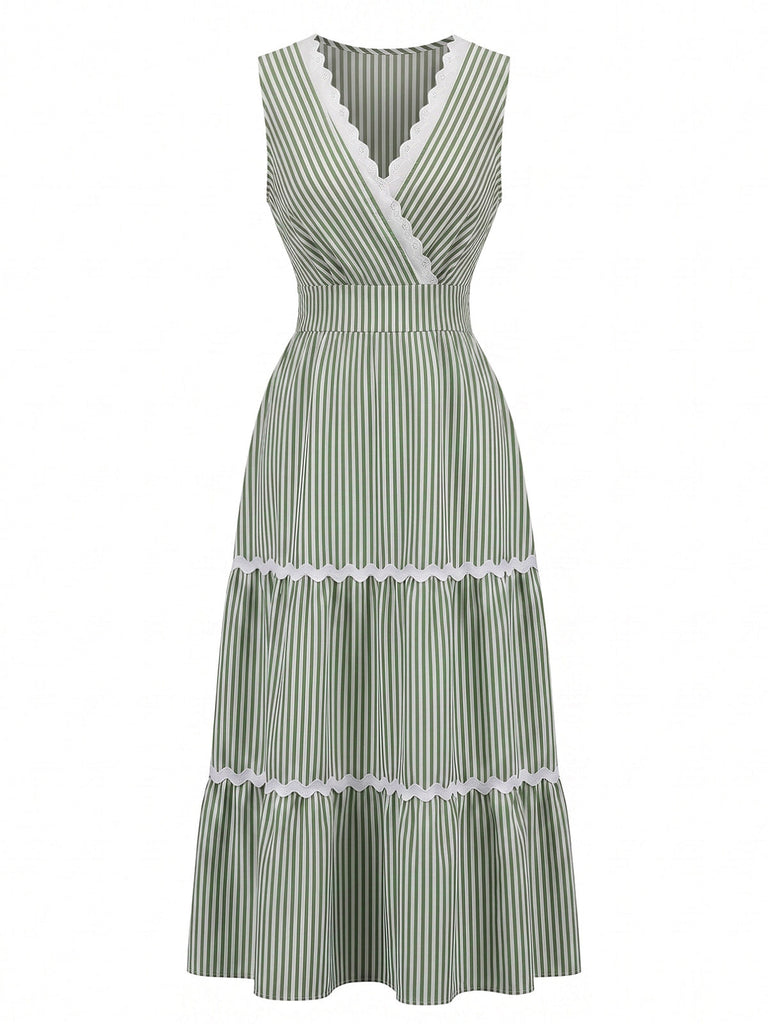 Robe Sans Manches Rayé Col V à Volants Étagés Longue - Bordure Années 1970 6