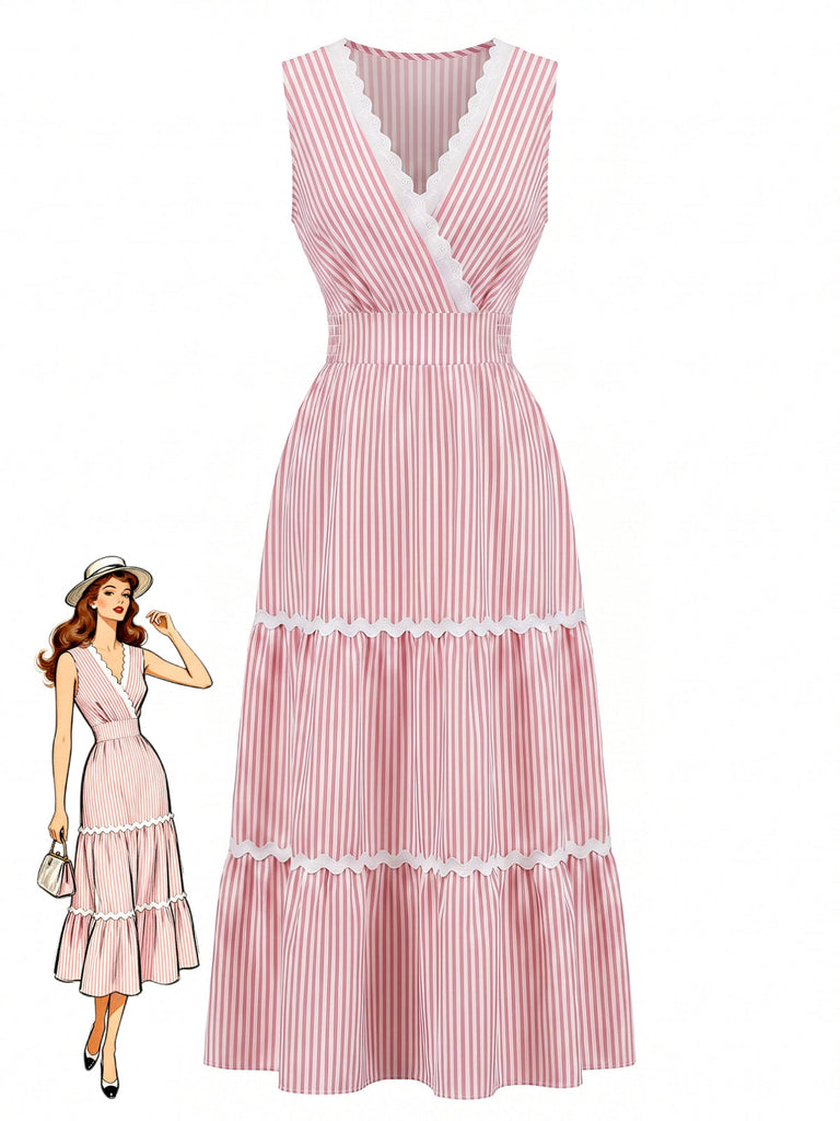 Robe Sans Manches Rayé Col V à Volants Étagés Longue - Bordure Années 1970