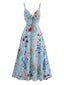 Robe Midi Bretelles Fines Fleurs Bleu Années 1930