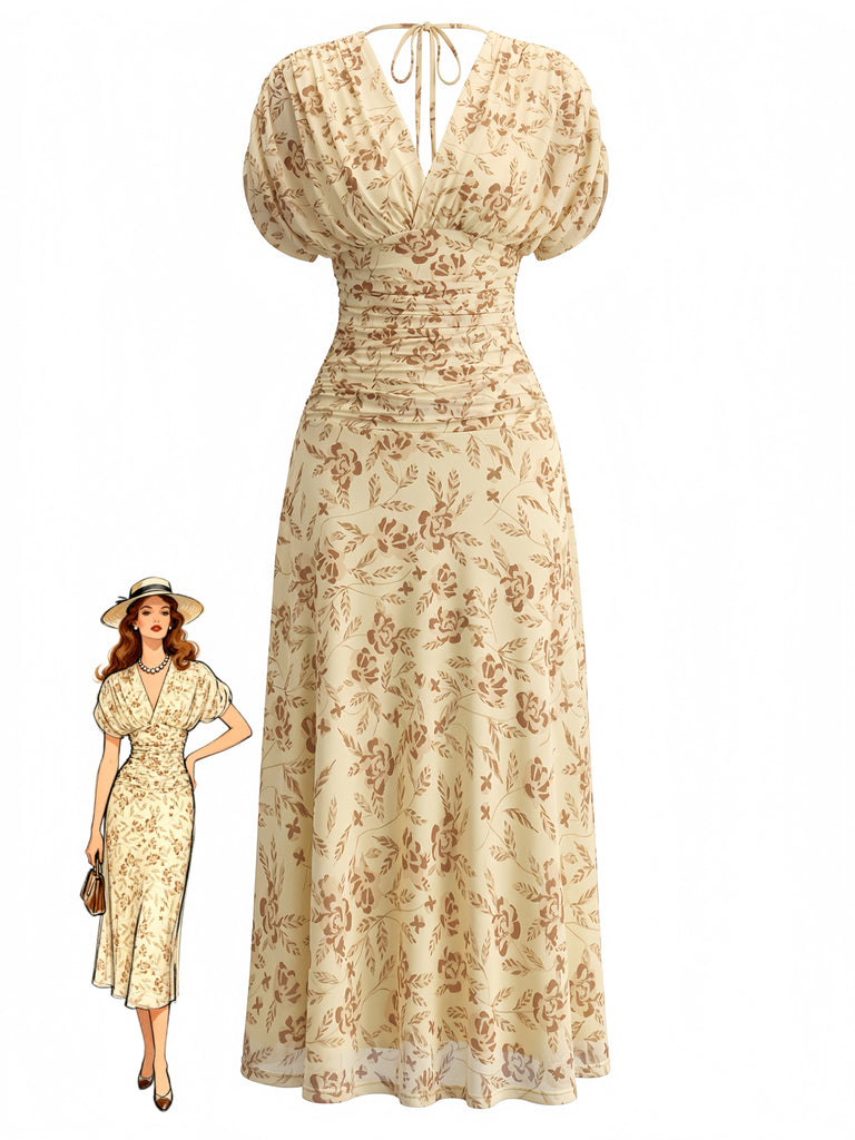 Robe Midi Col V Froncée Manches Bouffantes Floral Jaune Années 40