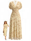 Robe jaune fleurs manches bouffantes décolleté V et détails froncés années 40