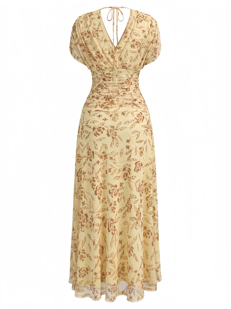 Robe Midi Col V Froncée Manches Bouffantes Floral Jaune Années 40