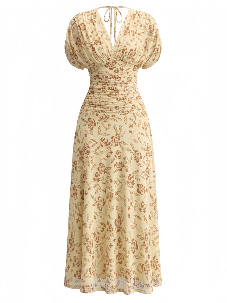 Robe Midi Col V Froncée Manches Bouffantes Floral Jaune Années 40