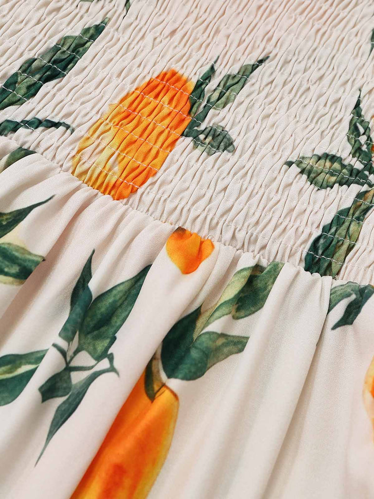 Robe Ligne A à Bretelles Imprimé Agrumes Orange Années 50