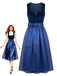 Robe bleue en velours à imprimé cachemire avec tablier années 1950
