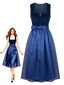 Robe bleue en velours à imprimé cachemire avec tablier années 1950