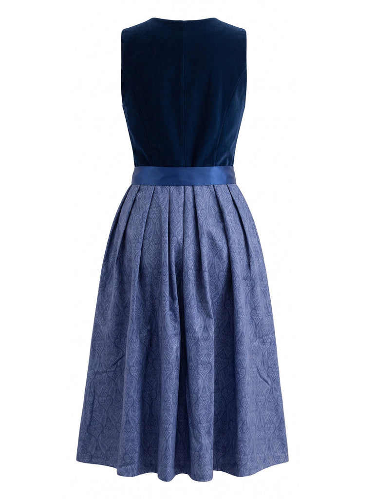 Robe bleue en velours à imprimé cachemire avec tablier années 1950