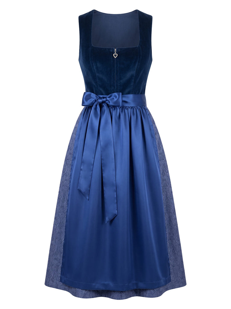 Robe bleue en velours à imprimé cachemire avec tablier années 1950