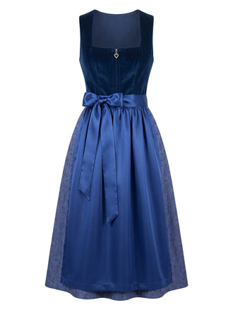 Robe bleue en velours à imprimé cachemire avec tablier années 1950