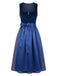 Robe bleue en velours à imprimé cachemire avec tablier années 1950