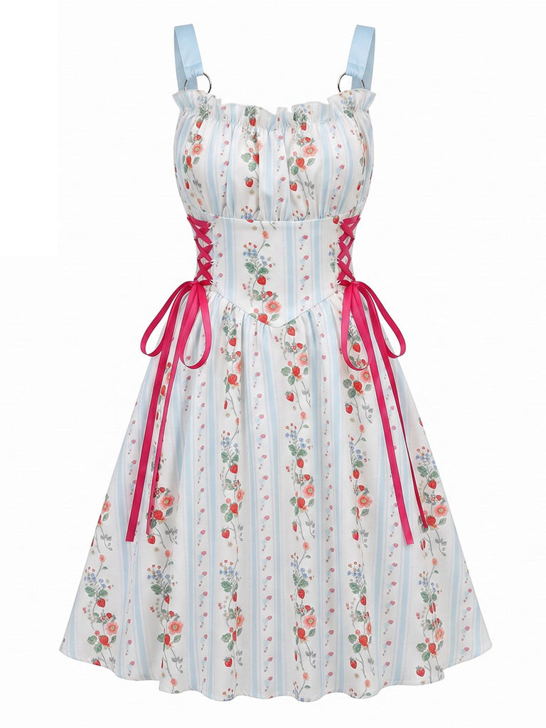 à Volants Col Carré Sans Manches Florale Imprimée Évasée Robe Années 1950 9