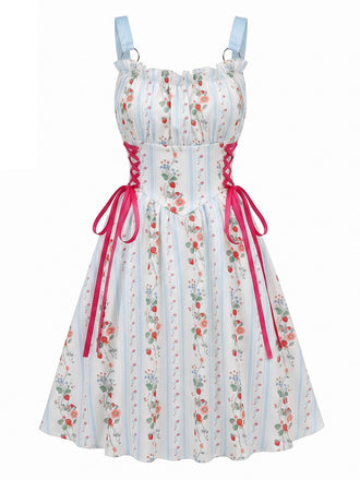 à Volants Col Carré Sans Manches Florale Imprimée Évasée Robe Années 1950 9