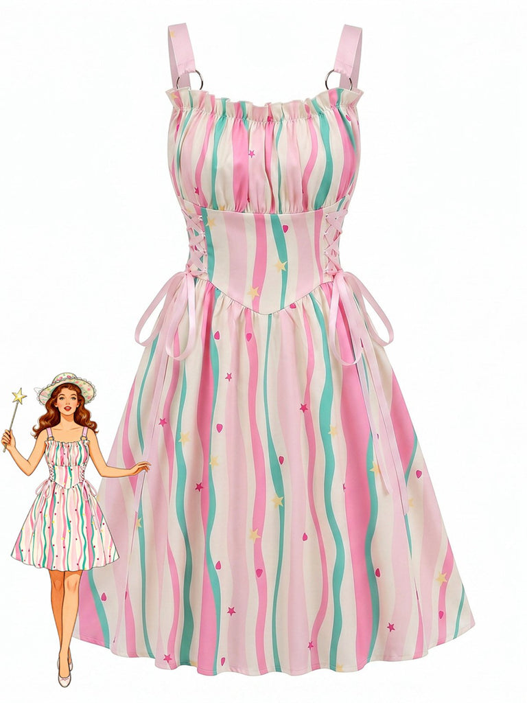 à Volants Col Carré Sans Manches Florale Imprimée Évasée Robe Années 1950