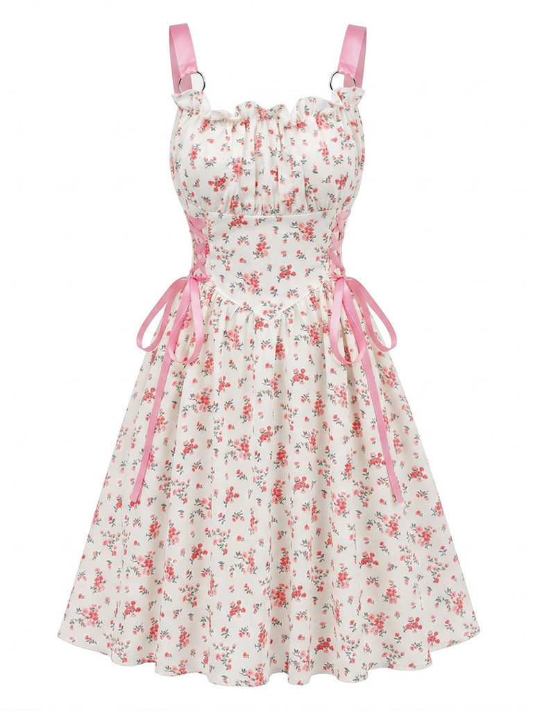 à Volants Col Carré Sans Manches Florale Imprimée Évasée Robe Années 1950 21