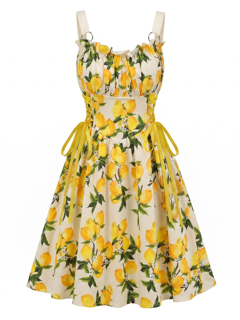 à Volants Col Carré Sans Manches Florale Imprimée Évasée Robe Années 1950 28