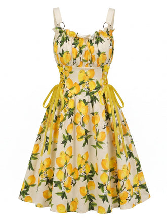 à Volants Col Carré Sans Manches Florale Imprimée Évasée Robe Années 1950 28