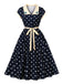 Robe Swing Contraste À Pois Bleu Marine Années 1950