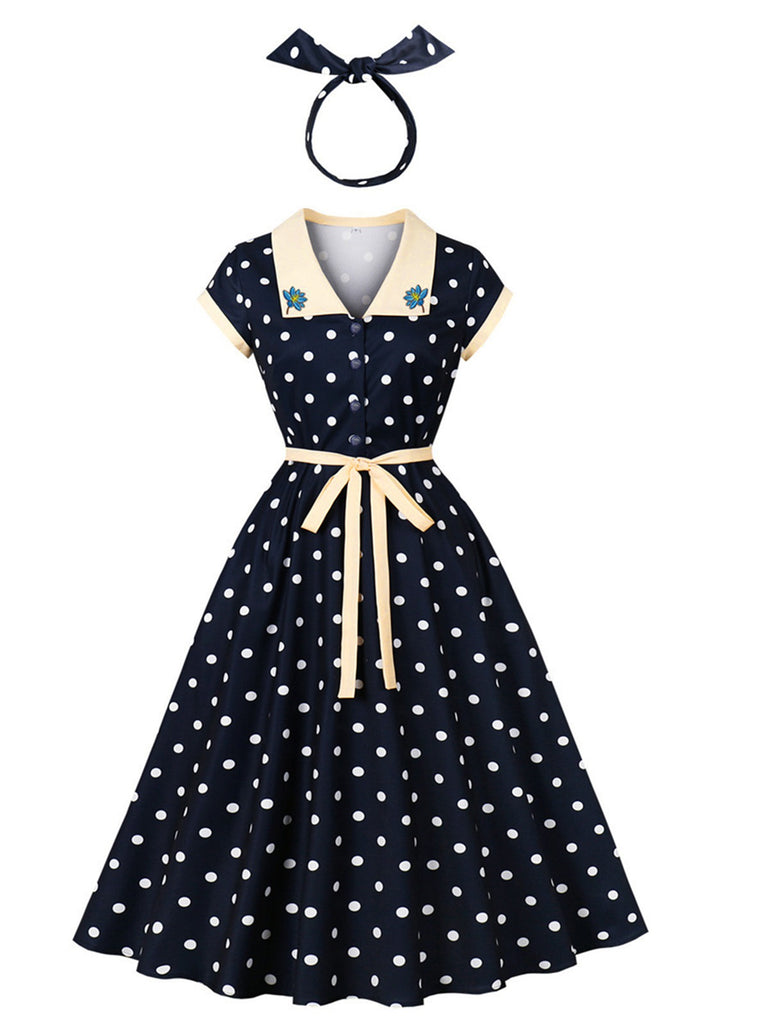 Robe Swing Contraste À Pois Bleu Marine Années 1950
