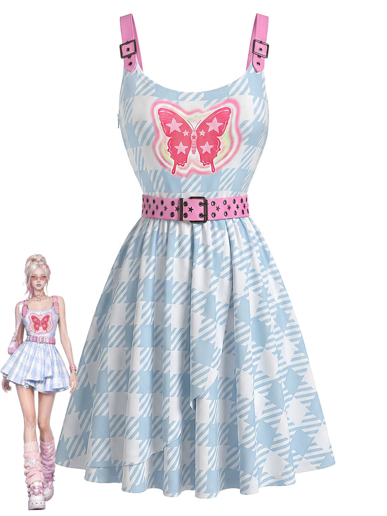 [Prévente] Robe Ceinturé 2000s Y2K Papillon Pied-de-Poule Bleu Clair