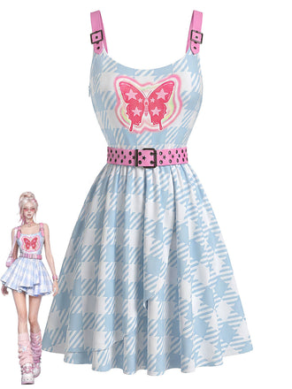 [Prévente] Robe Ceinturé 2000s Y2K Papillon Pied-de-Poule Bleu Clair