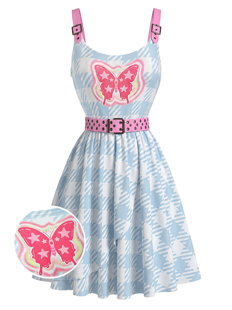 [Prévente] Robe Ceinturé 2000s Y2K Papillon Pied-de-Poule Bleu Clair 2