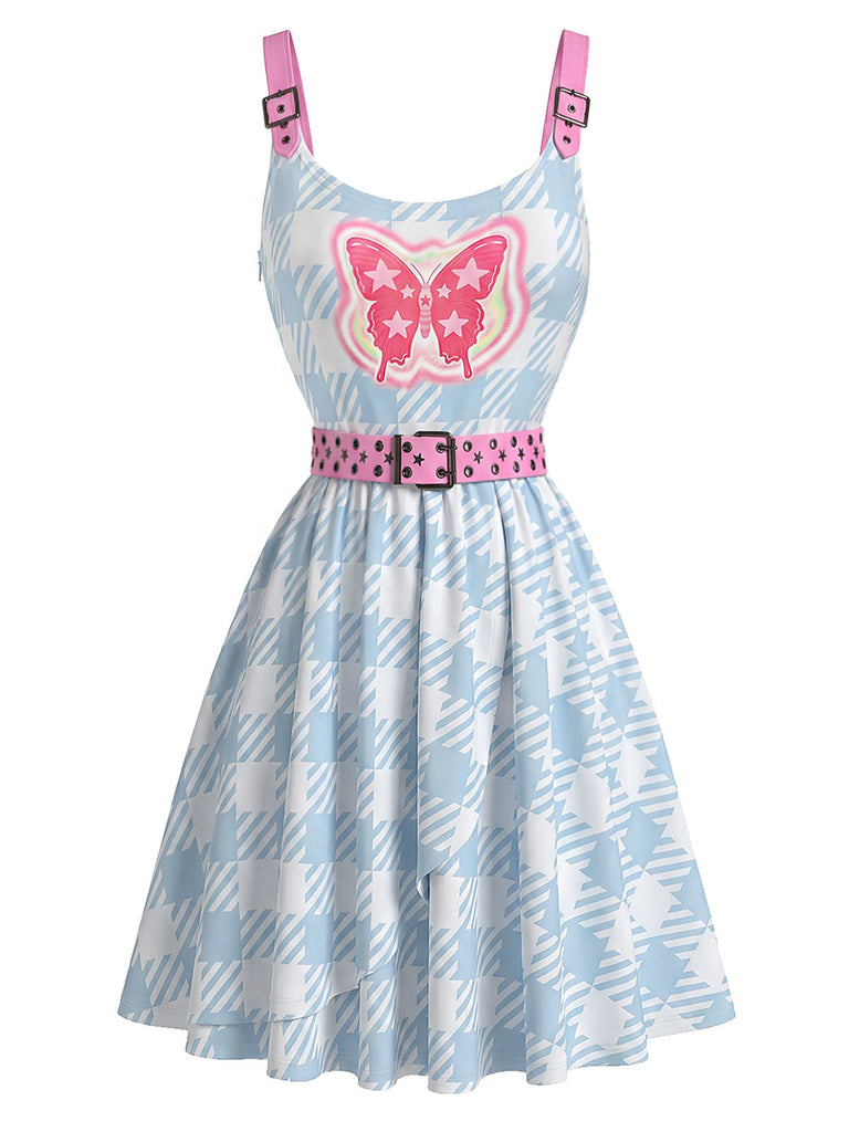 [Prévente] Robe Ceinturé 2000s Y2K Papillon Pied-de-Poule Bleu Clair 3