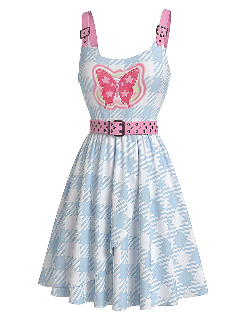 [Prévente] Robe Ceinturé 2000s Y2K Papillon Pied-de-Poule Bleu Clair 4