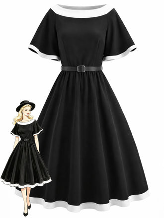 [Prévente] Robe Évasée Col Bateau Ceinturée Bordure Contrastée Noire Années 50