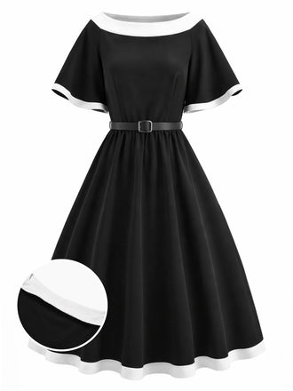 [Prévente] Robe Évasée Col Bateau Ceinturée Bordure Contrastée Noire Années 50
